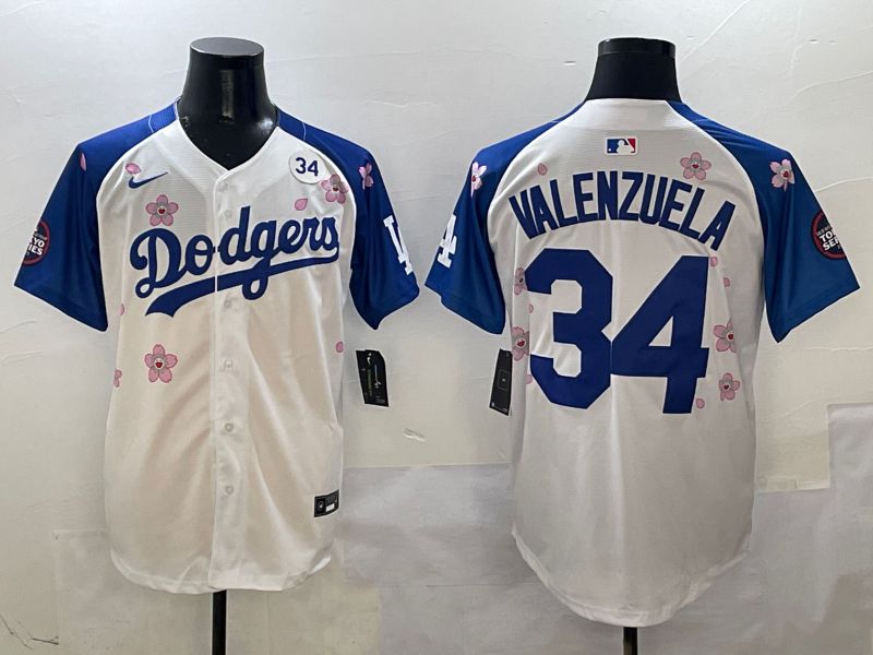 Men Los Angeles Dodgers #34 Valenzuela White Blue Sakura Edition 2025 Nike MLB Jersey style 7